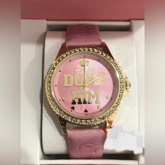 Juicy couture pink gold cz pave crystal bezel ‘Dump Him’ monogram wristwatch new main image 8